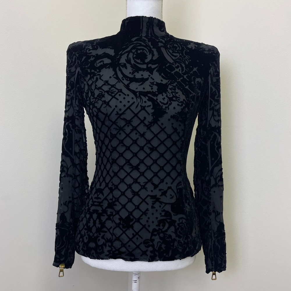 Balmain x HM 2015 Black Silk Burnout Velvet Mock Neck Top Gold Zip Size 8 - Picture 1 of 16
